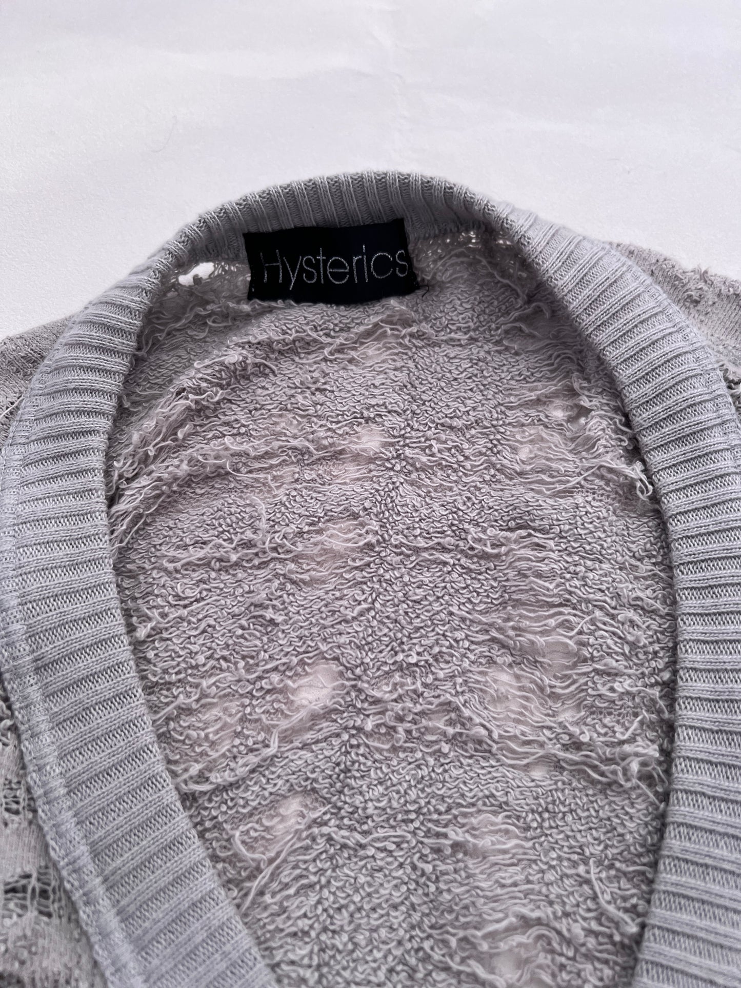 Hysteric Glamour Grey Distressed Graphic Knit Cardigan