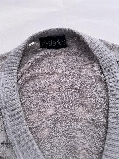 Hysteric Glamour Grey Distressed Graphic Knit Cardigan