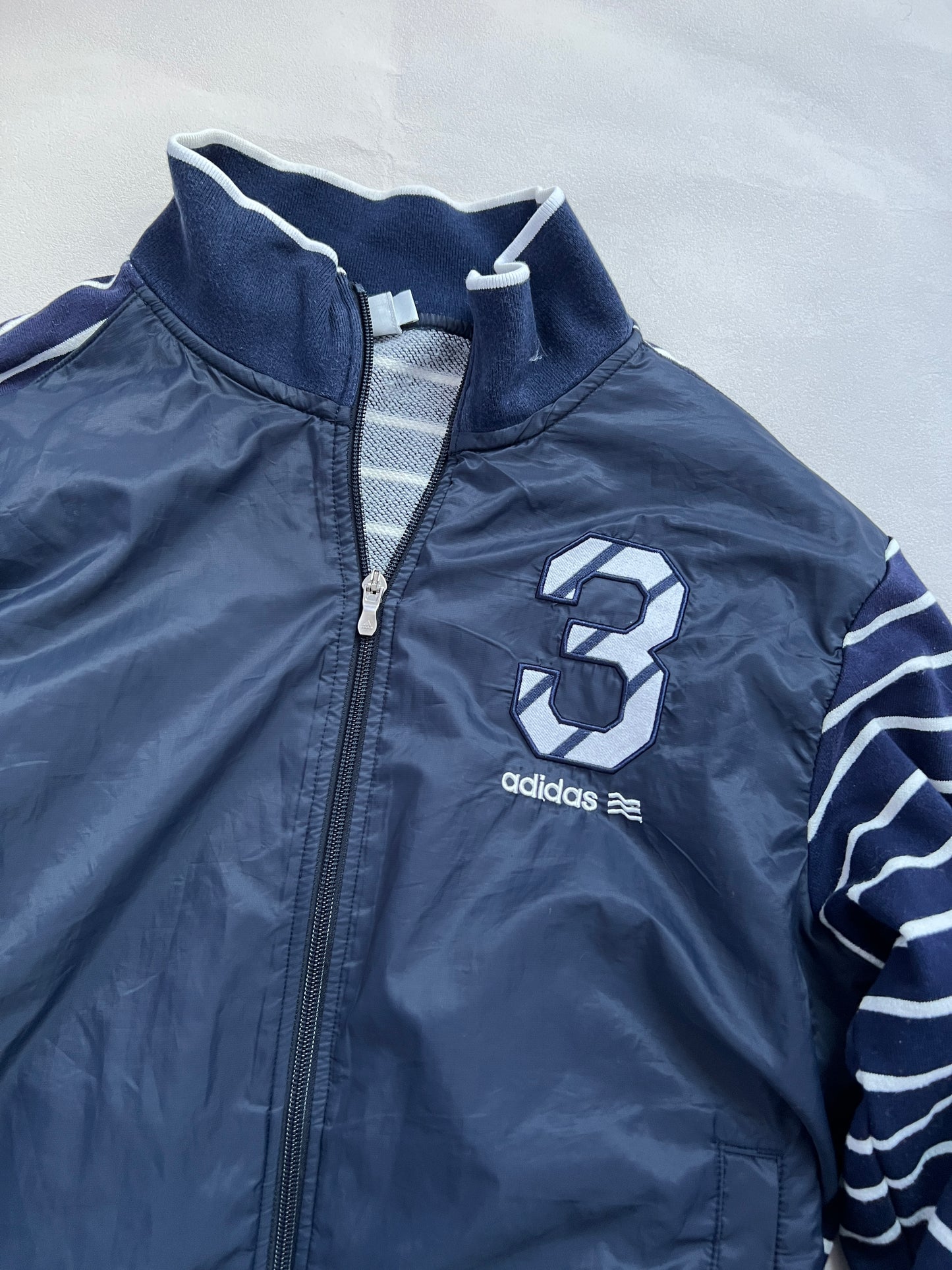 White Navy Striped Sleeve Adidas High Neck Track Jacket