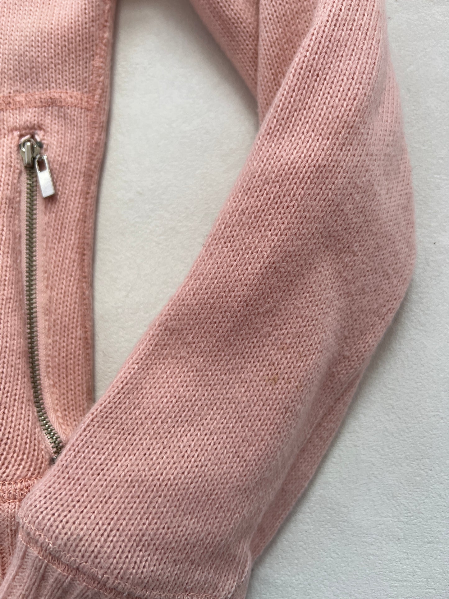 Vintage Playboy Peachy Pink Rabbit Fur Trim Asymmetric Zip Knit Hoodie Jacket