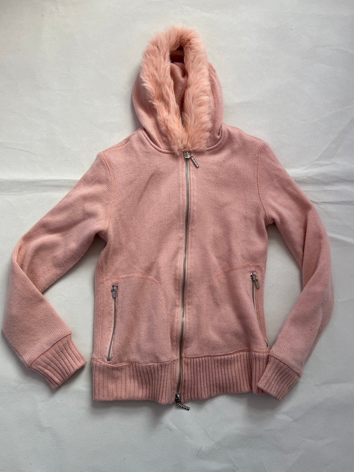 Vintage Playboy Peachy Pink Rabbit Fur Trim Asymmetric Zip Knit Hoodie Jacket