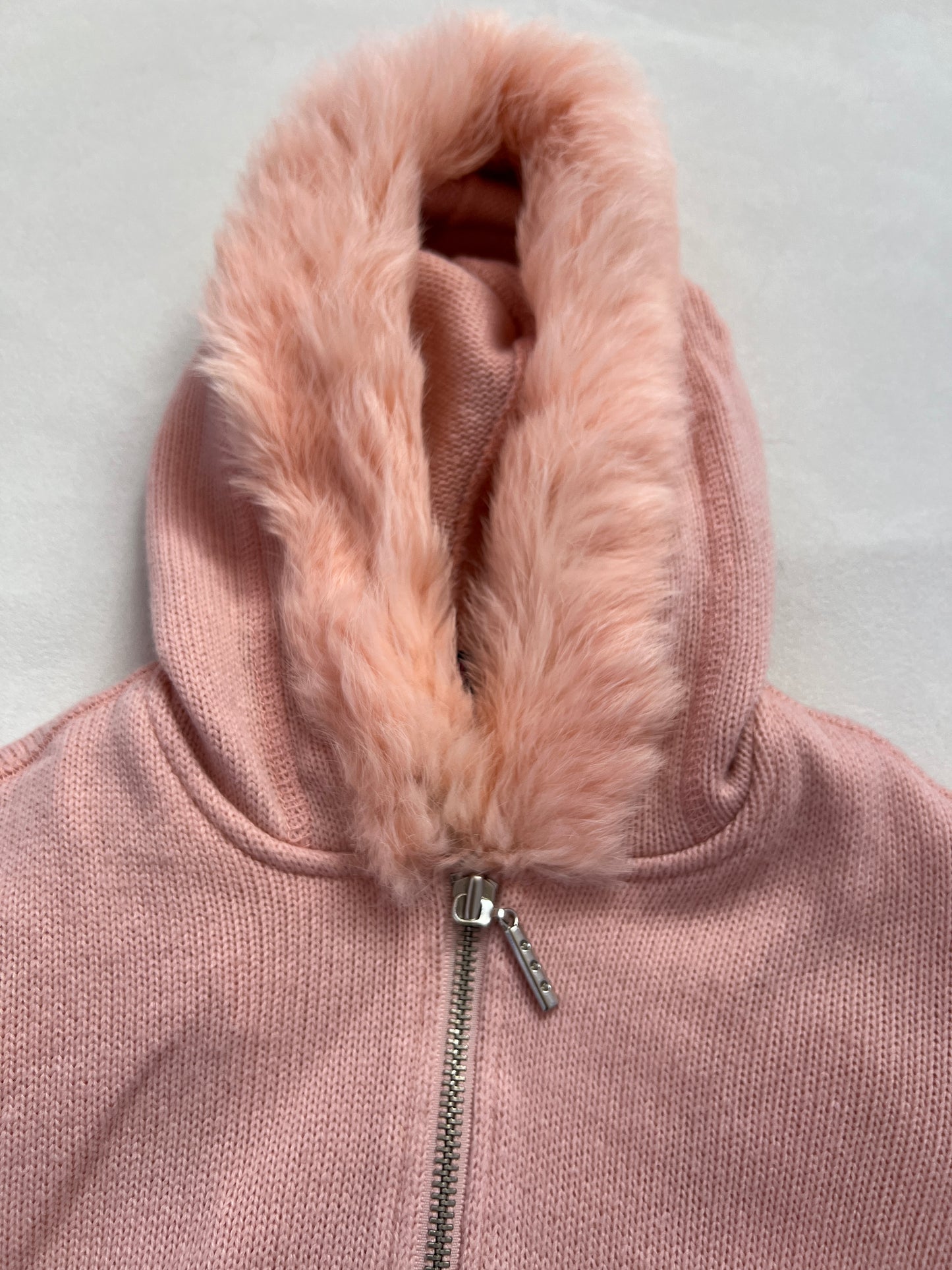 Vintage Playboy Peachy Pink Rabbit Fur Trim Asymmetric Zip Knit Hoodie Jacket