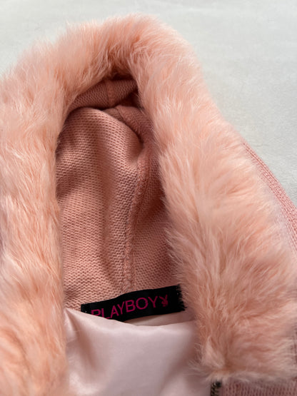 Vintage Playboy Peachy Pink Rabbit Fur Trim Asymmetric Zip Knit Hoodie Jacket