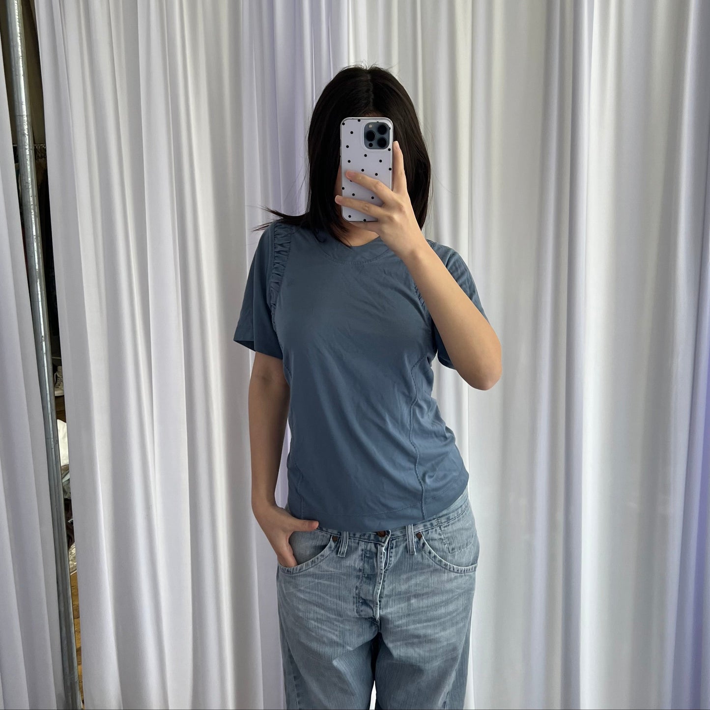 Adidas X Stella Mccartney Dusty Blue Ruched Shoulder Short Sleeve Shirt