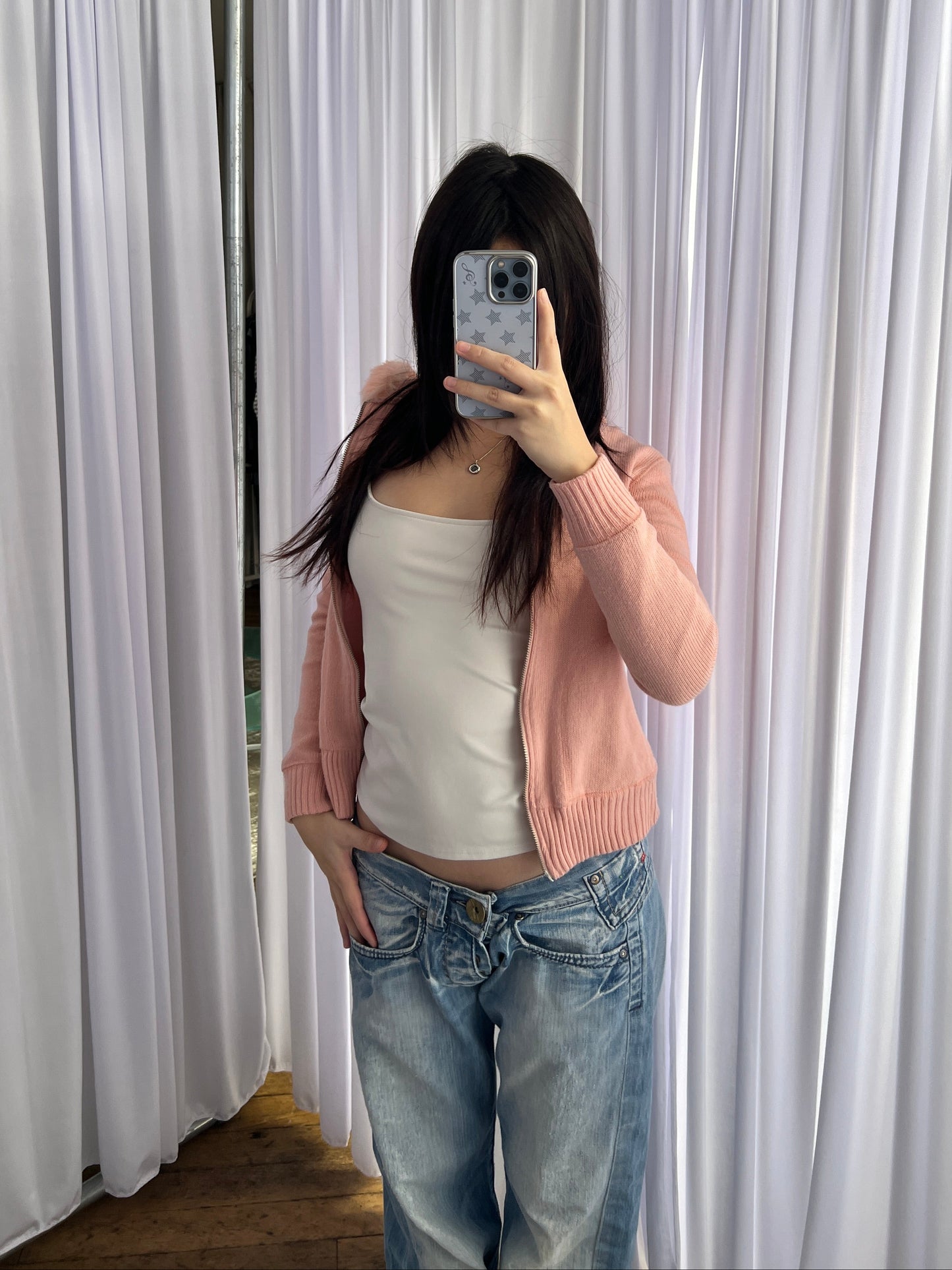 Vintage Playboy Peachy Pink Rabbit Fur Trim Asymmetric Zip Knit Hoodie Jacket