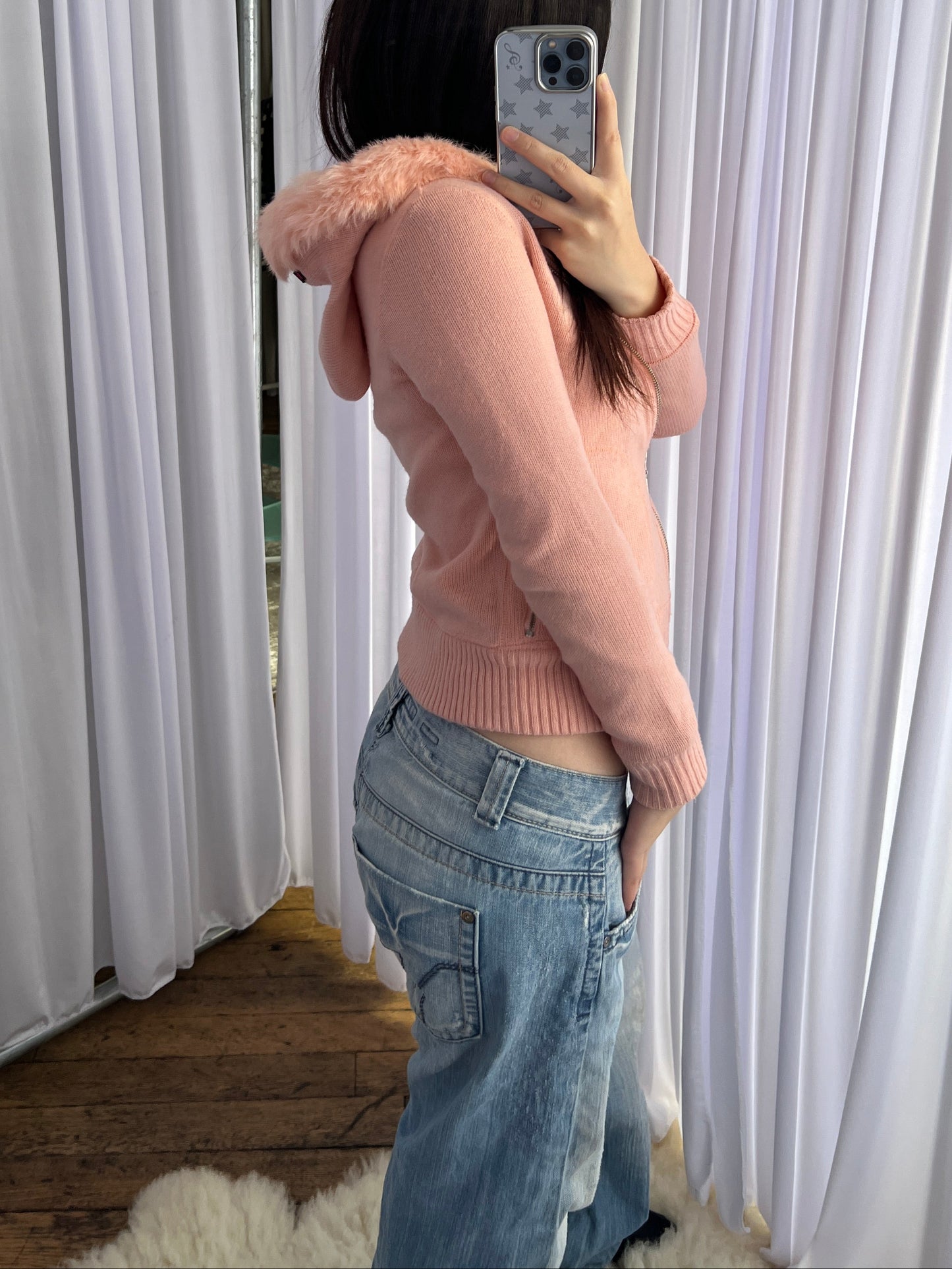 Vintage Playboy Peachy Pink Rabbit Fur Trim Asymmetric Zip Knit Hoodie Jacket