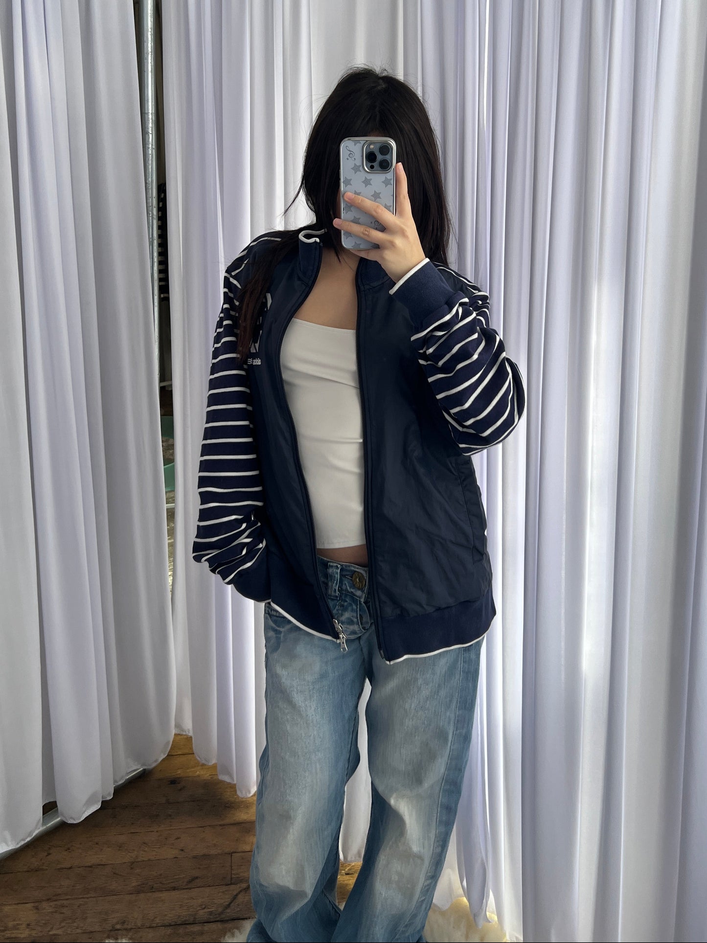 White Navy Striped Sleeve Adidas High Neck Track Jacket