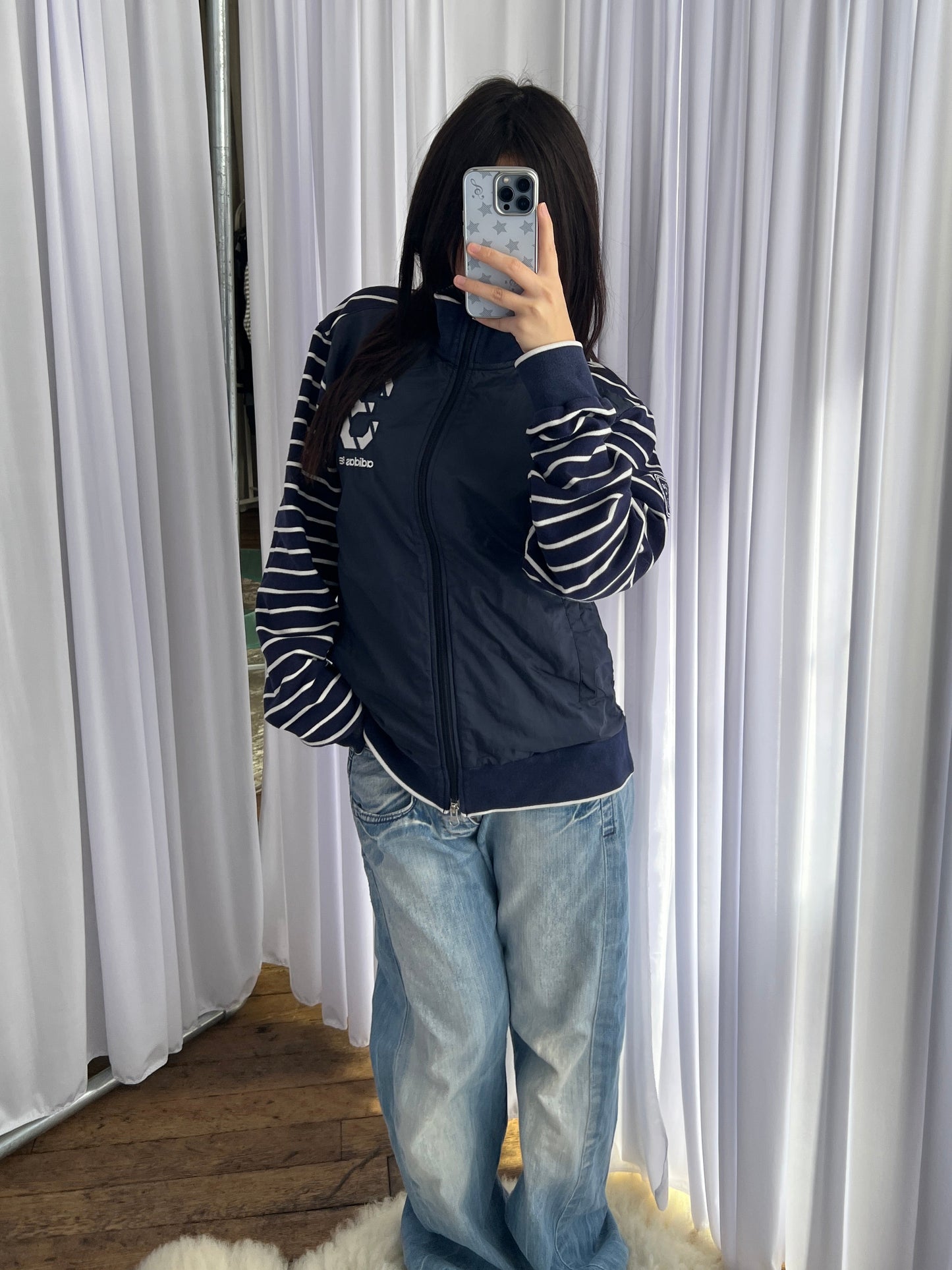 White Navy Striped Sleeve Adidas High Neck Track Jacket