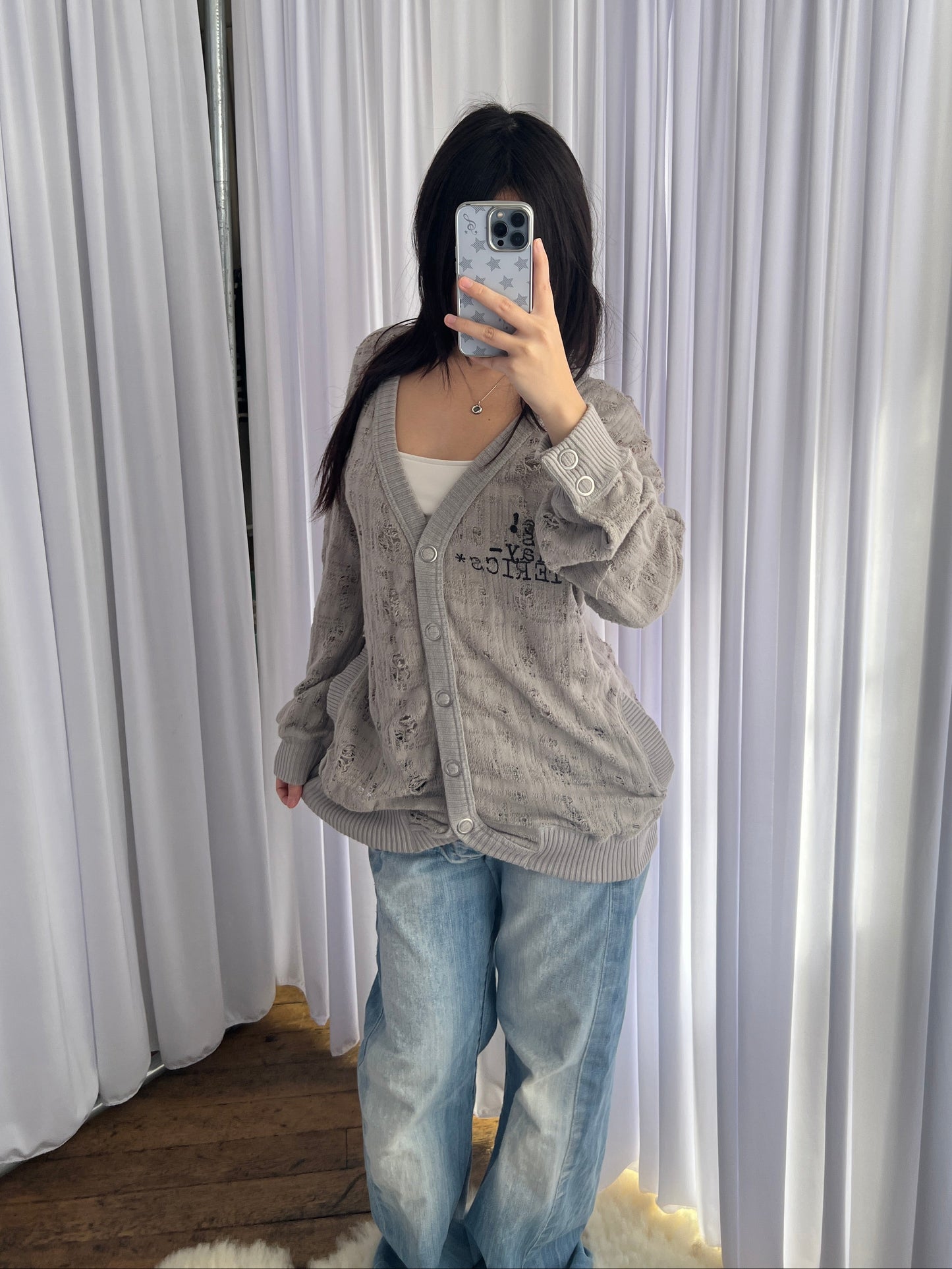 Hysteric Glamour Grey Distressed Graphic Knit Cardigan