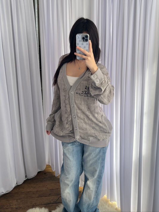 Hysteric Glamour Grey Distressed Graphic Knit Cardigan