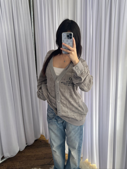 Hysteric Glamour Grey Distressed Graphic Knit Cardigan
