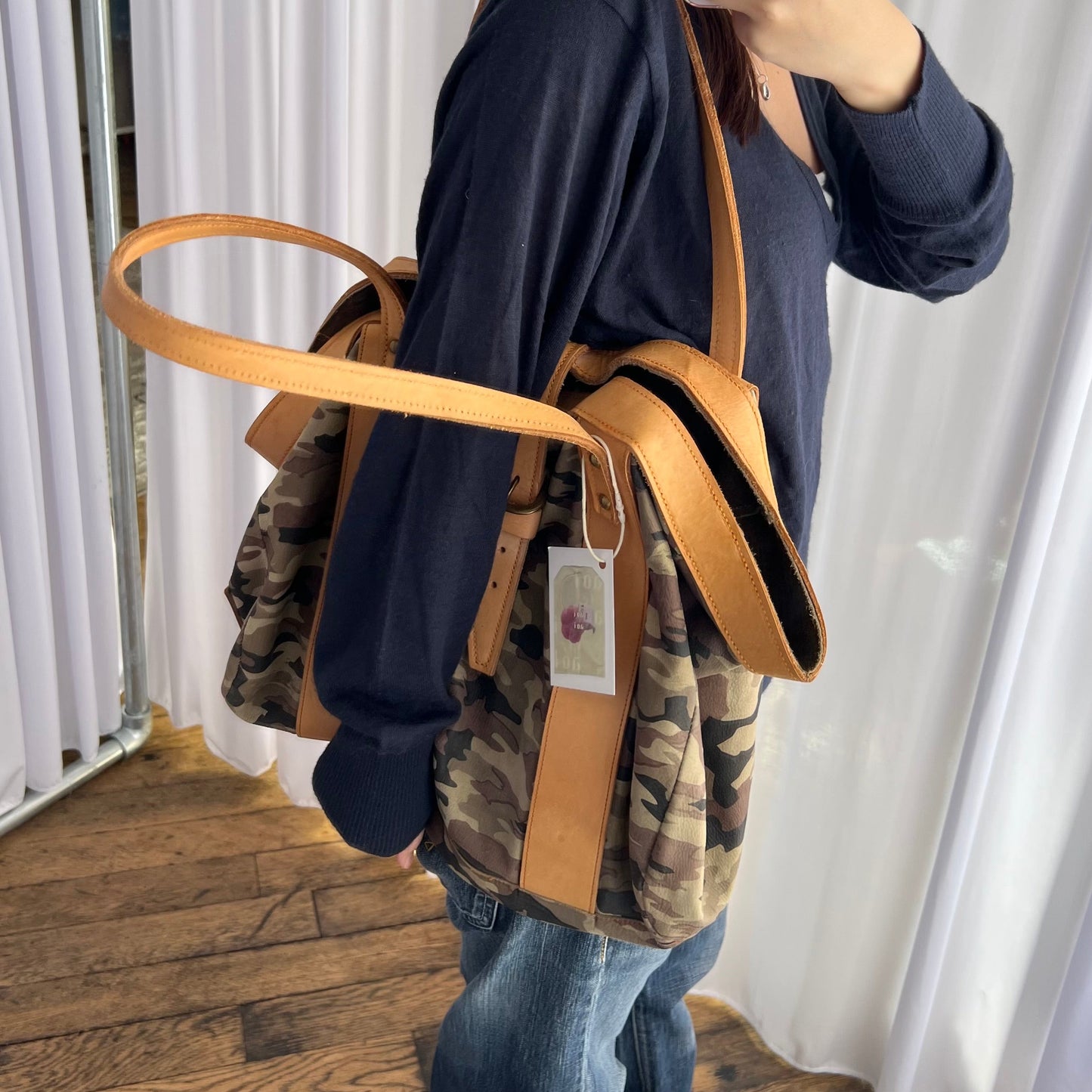 Vintage Harry Hanny Handmade Tan Brown Leather Camo Print Tote Bag