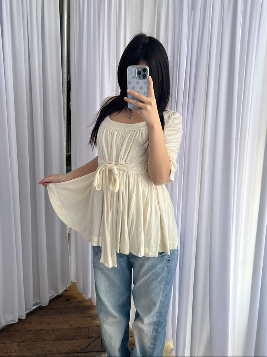 Cream Burberry Blue Label Milkmaid Coquette Half Sleeve Babydoll Ruched Blouson Top