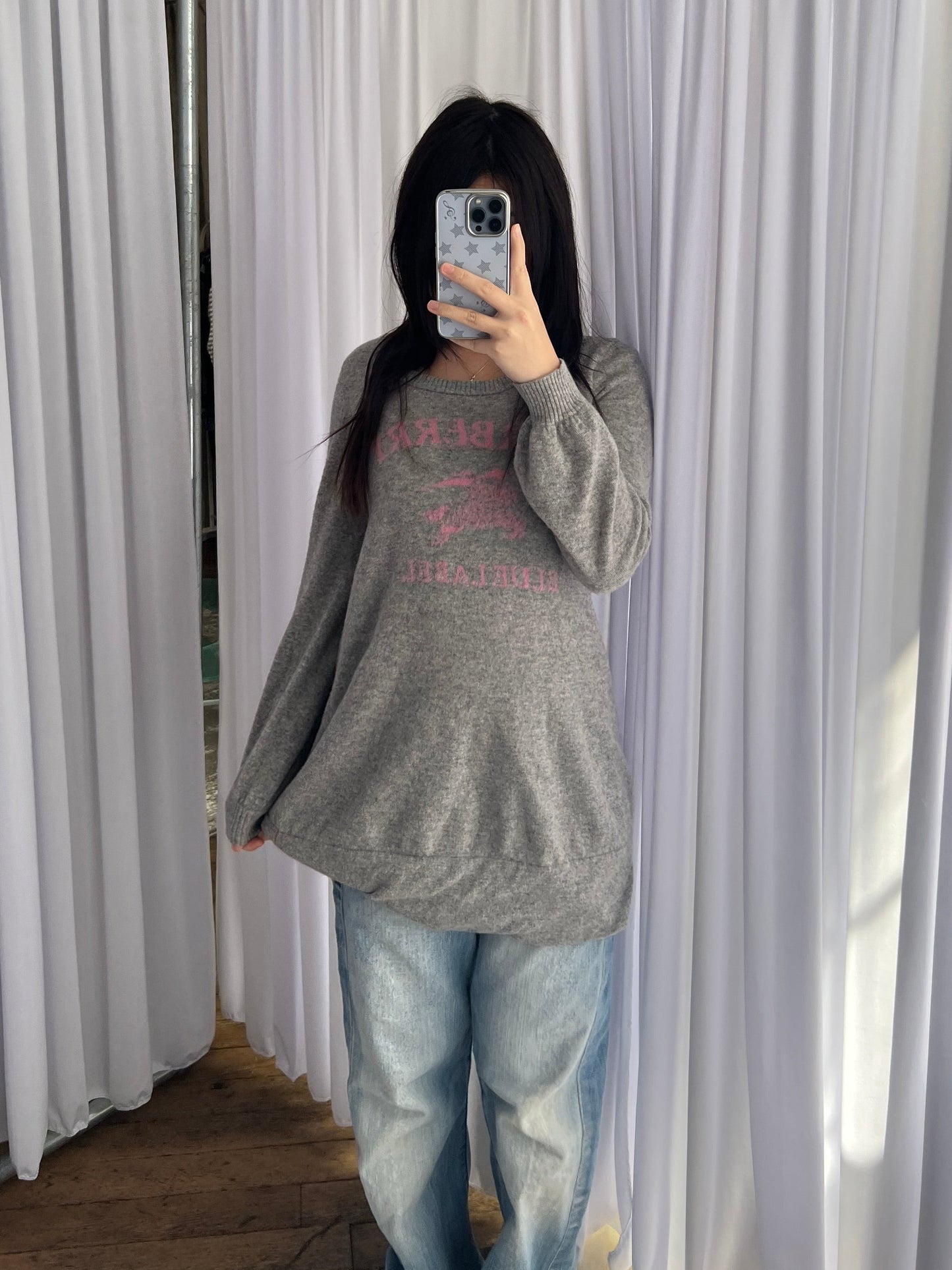 Burberry Blue Label Wool Blend Heather Grey Baby Pink Text Long Sleeve Sweater Dress