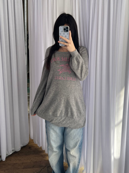 Burberry Blue Label Wool Blend Heather Grey Baby Pink Text Long Sleeve Sweater Dress