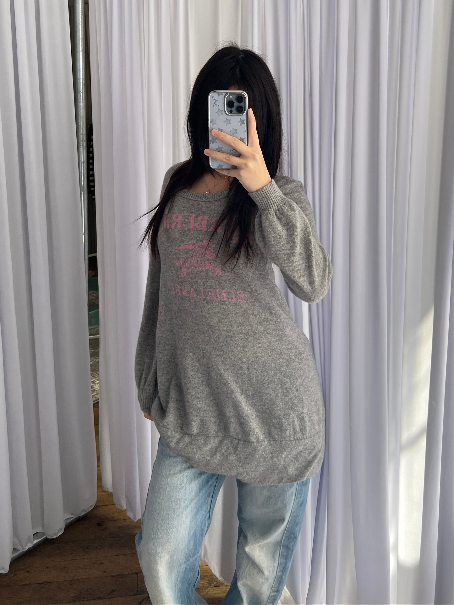 Burberry Blue Label Wool Blend Heather Grey Baby Pink Text Long Sleeve Sweater Dress