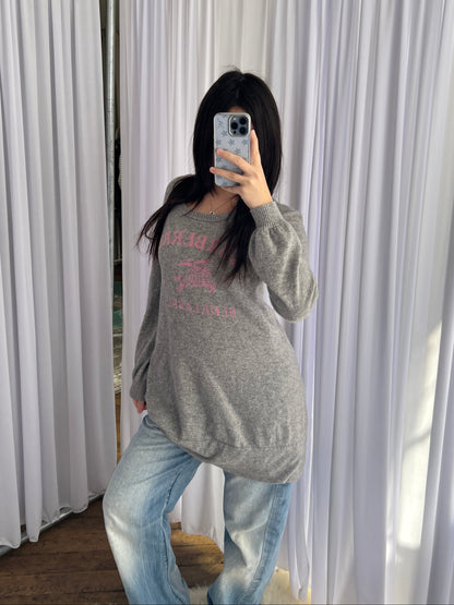 Burberry Blue Label Wool Blend Heather Grey Baby Pink Text Long Sleeve Sweater Dress