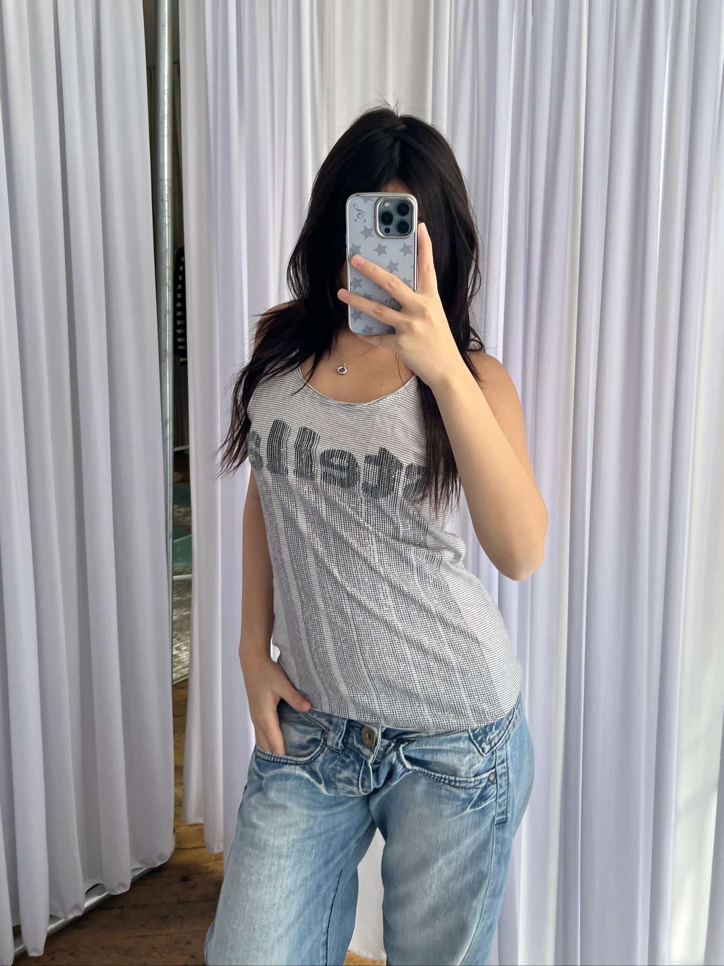 Adidas X Stella Mcartney Grey Striped Stella Text Graphic Tank Top