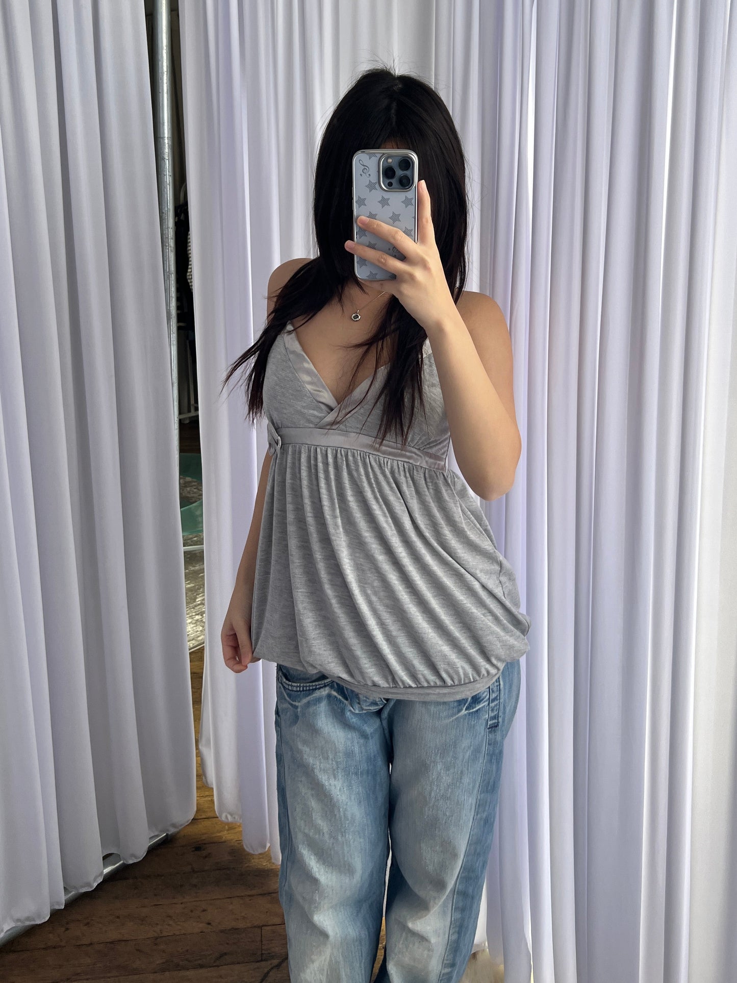 Motivi Grey Puffy Balloon Hem Satin Ribbon Trim Camisole