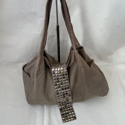 Taupe Brown Leather Studded Fold Over Slouchy Shoulder Bag