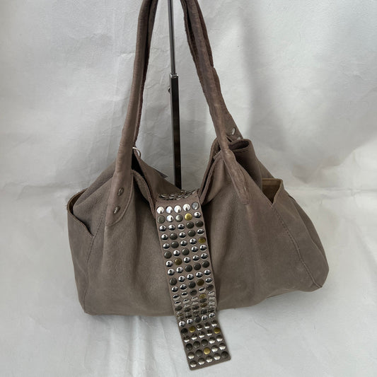 Taupe Brown Leather Studded Fold Over Slouchy Shoulder Bag