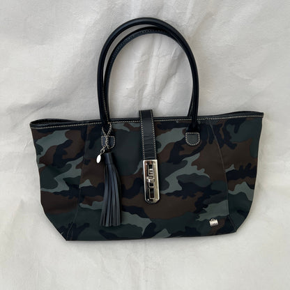 Nylon Leather Khaki Camo Buckle Front Tassel Keychain Tote Bag