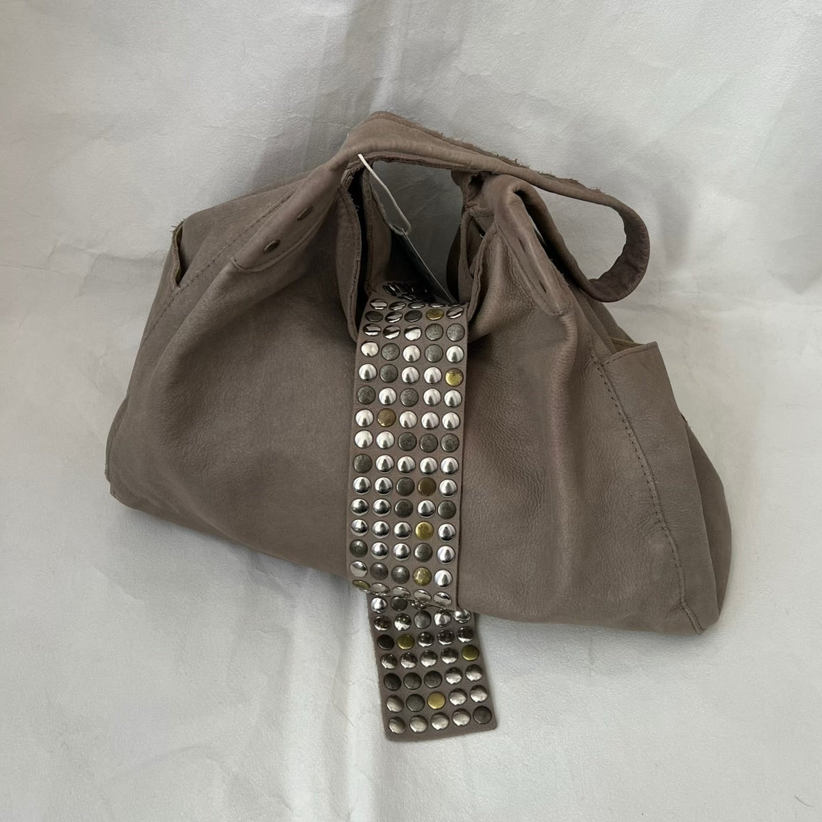 Taupe Brown Leather Studded Fold Over Slouchy Shoulder Bag