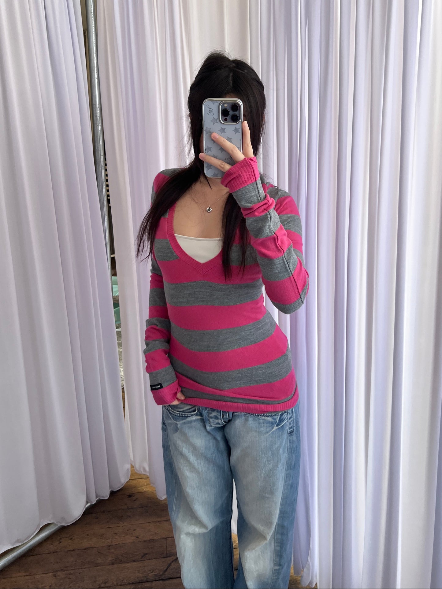 Denny Rose Fuschia Pink Grey Striped V Neck Fitted Knit Sweater