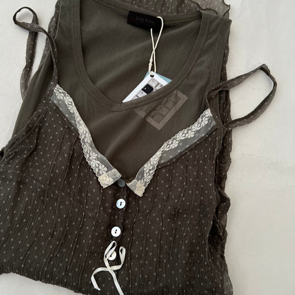 Khaki Silk Polka Dot Lace Trim Tunic Two Piece