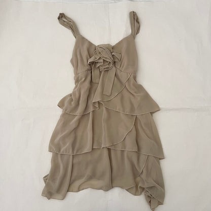Beige Rosette Tiered Ruffle Midi Dress