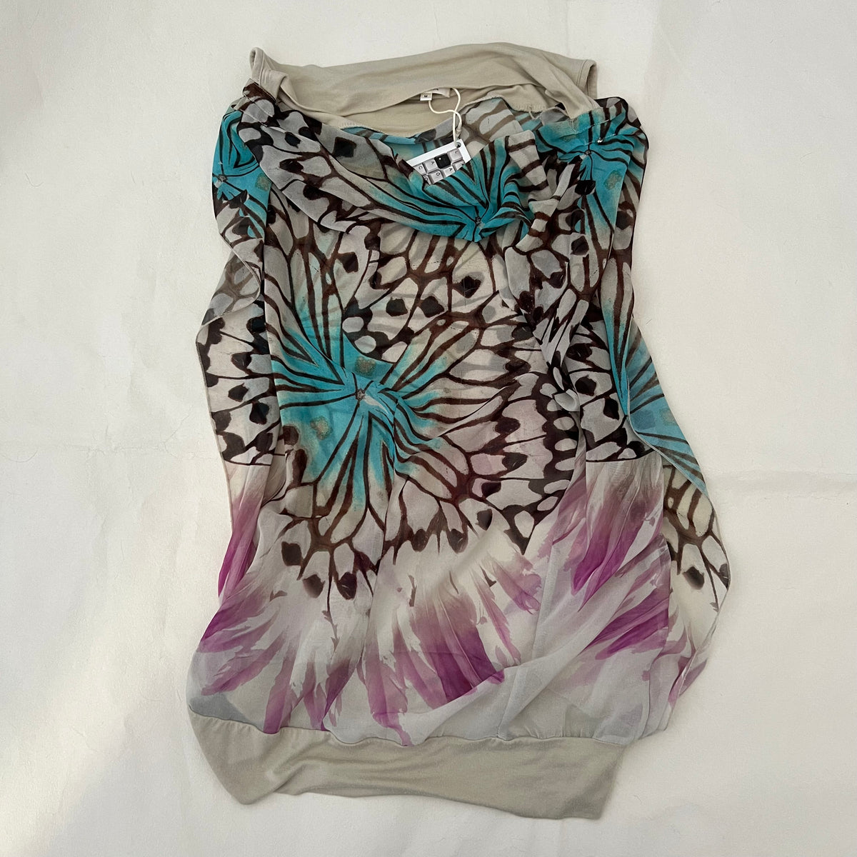 Butterfly Turquoise Pink Draped Blouson