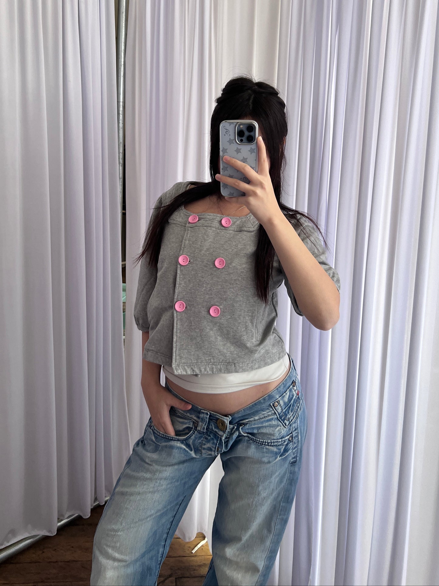 Phard Grey Preppy Baby Pink Button Half Balloon Sleeve Crop Jersey Cardigan Top