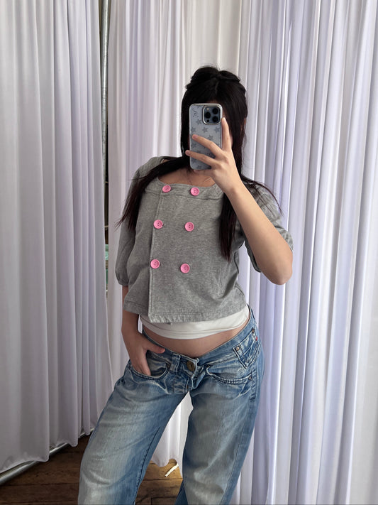 Phard Grey Preppy Baby Pink Button Half Balloon Sleeve Crop Jersey Cardigan Top