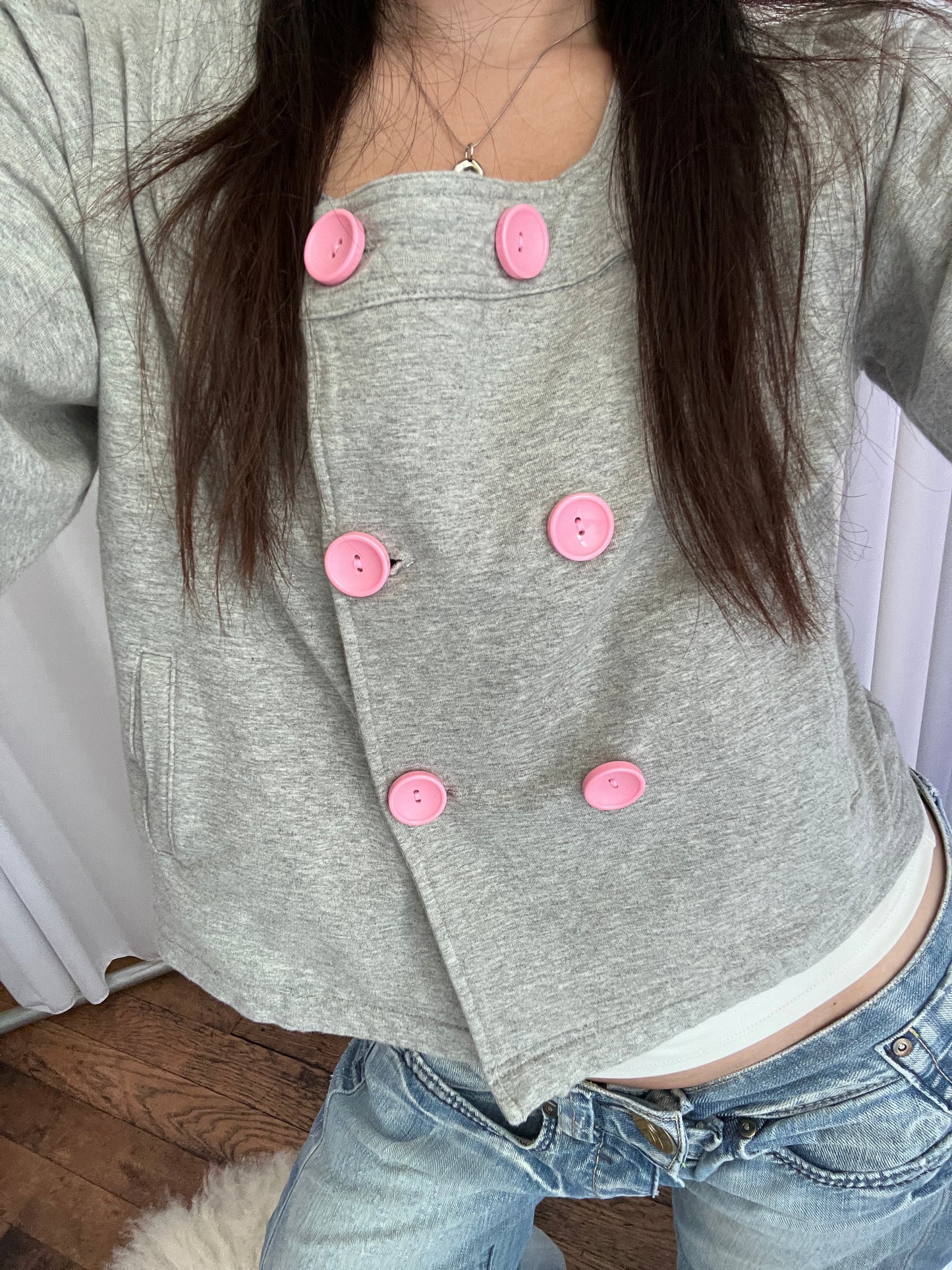 Phard Grey Preppy Baby Pink Button Half Balloon Sleeve Crop Jersey Cardigan Top