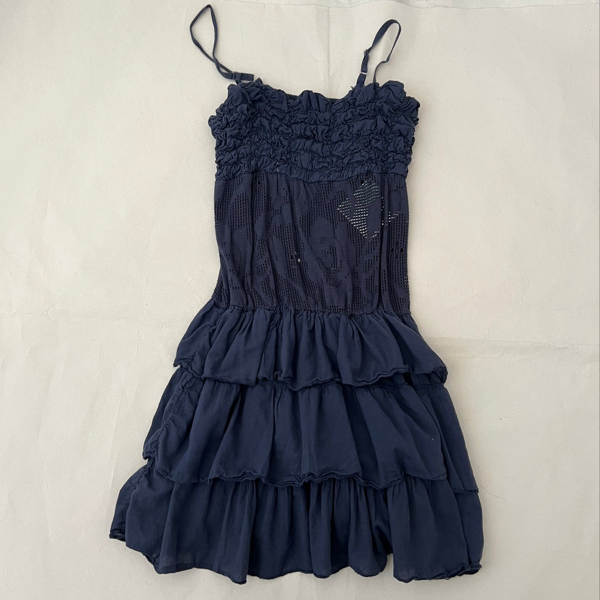 Navy Ruffle Floral Laser Cut Lace Ruffle Tiered Hem Mini Dress