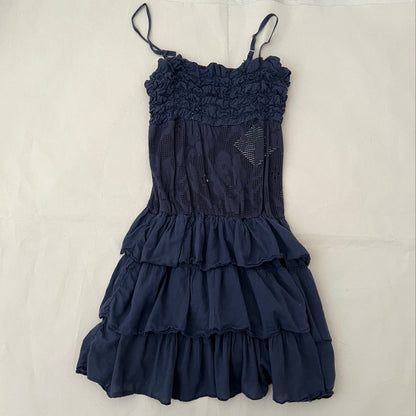 Navy Ruffle Floral Laser Cut Lace Ruffle Tiered Hem Mini Dress