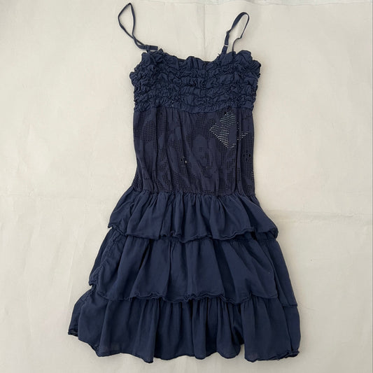 Navy Ruffle Floral Laser Cut Lace Ruffle Tiered Hem Mini Dress