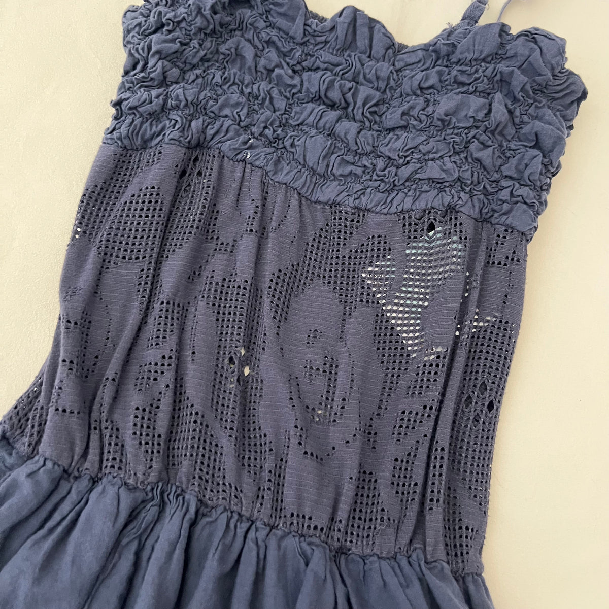 Navy Ruffle Floral Laser Cut Lace Ruffle Tiered Hem Mini Dress