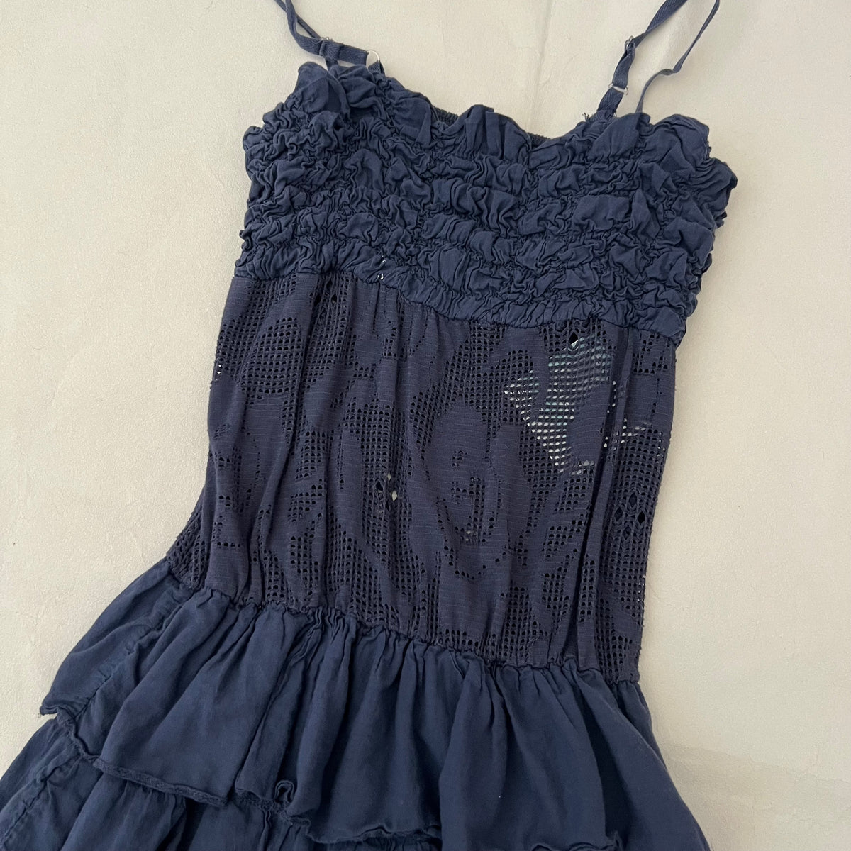 Navy Ruffle Floral Laser Cut Lace Ruffle Tiered Hem Mini Dress