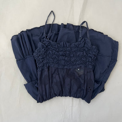 Navy Ruffle Floral Laser Cut Lace Ruffle Tiered Hem Mini Dress