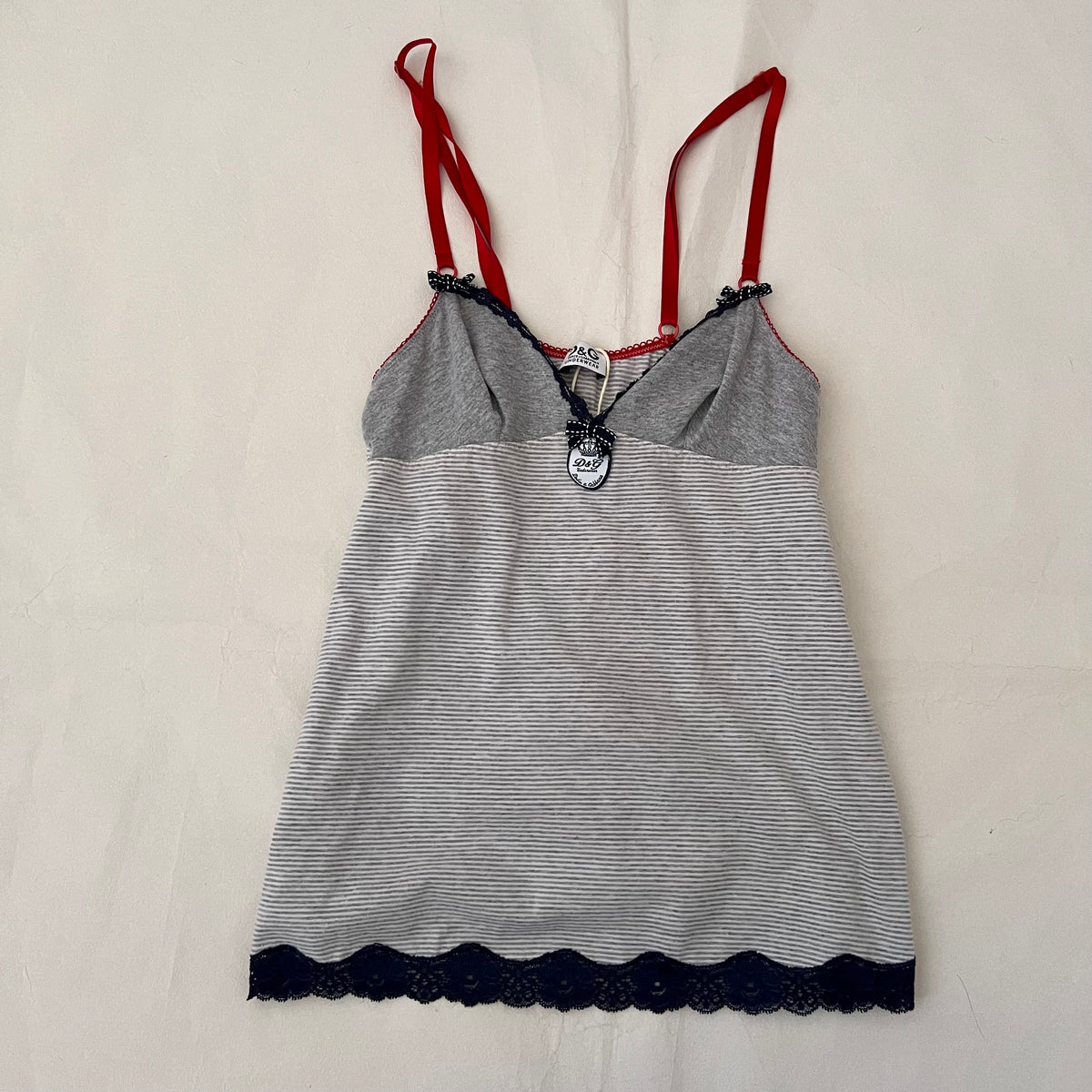 D&G Grey Striped Lace Trim Babydoll Camisole