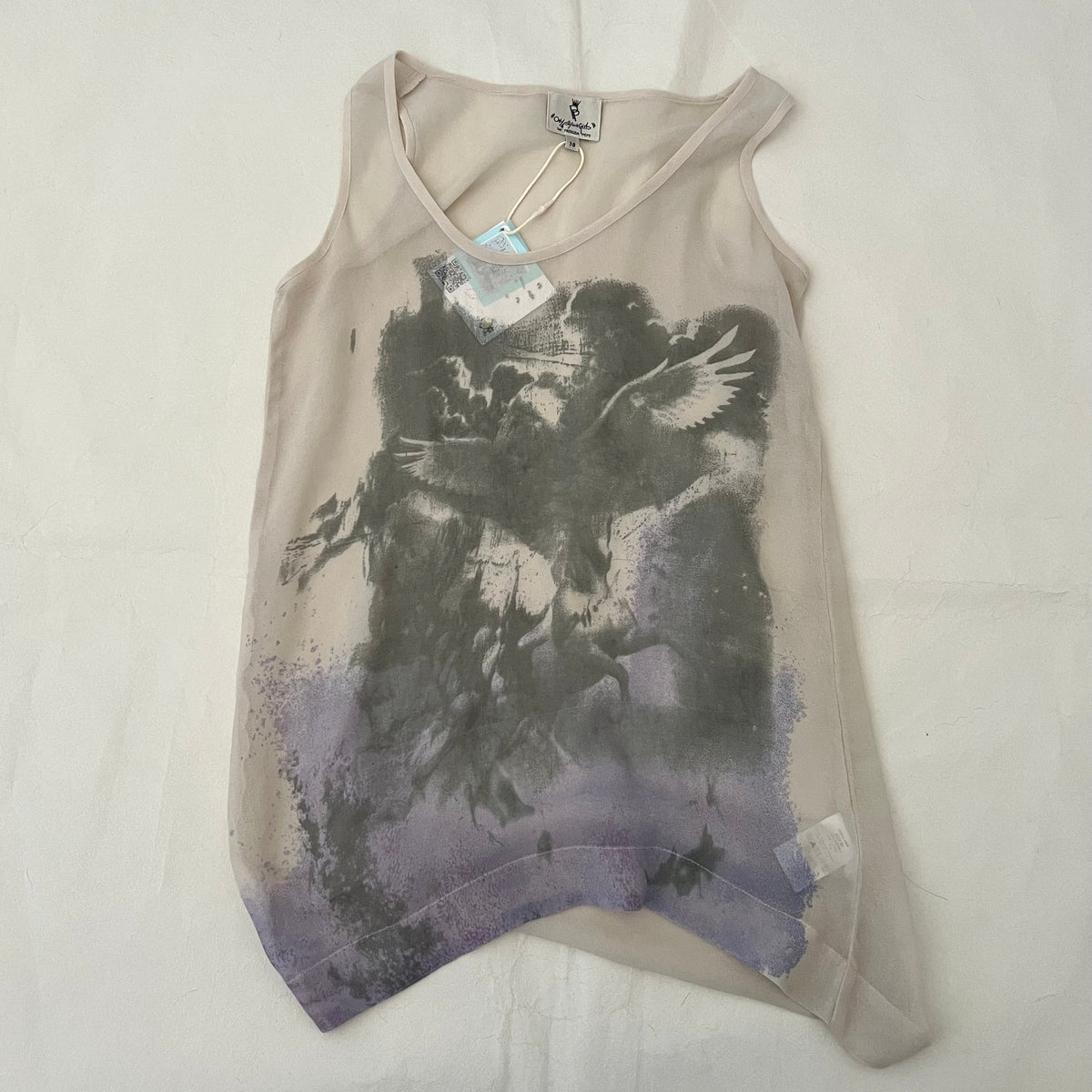 Ivory Beige Grey Faded Angel Graphic Vest