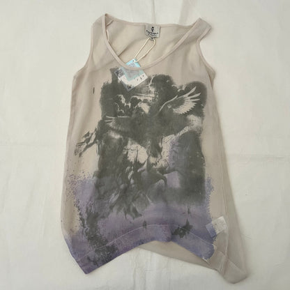 Ivory Beige Grey Faded Angel Graphic Vest