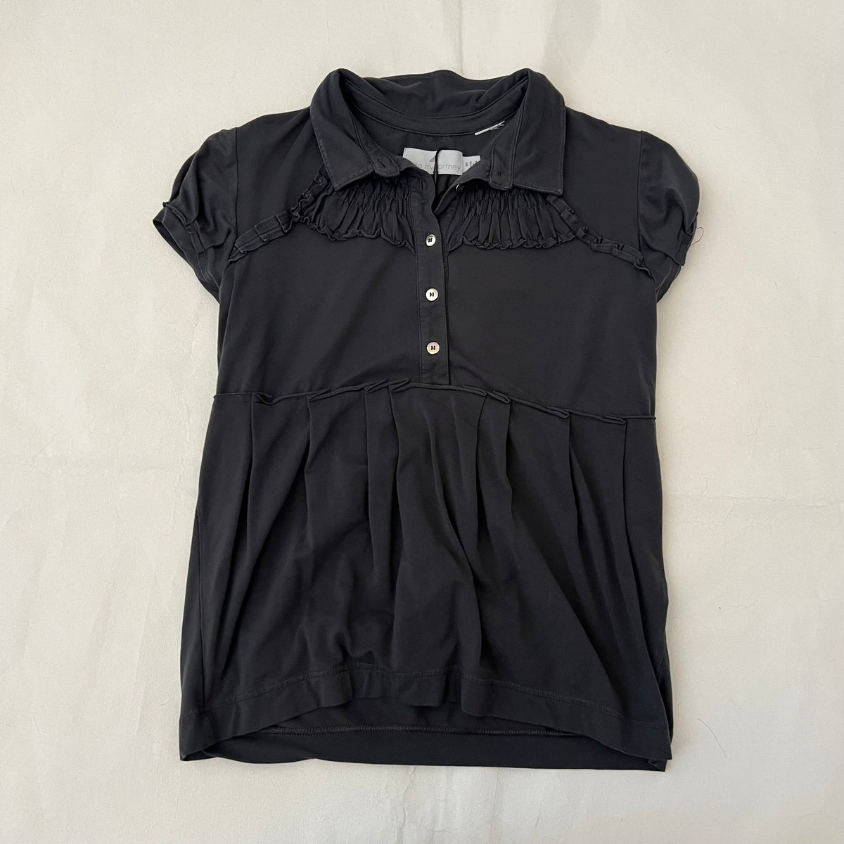 Anthracite Black Grey Pleated Ruched Puff Sleeve Polo Shirt