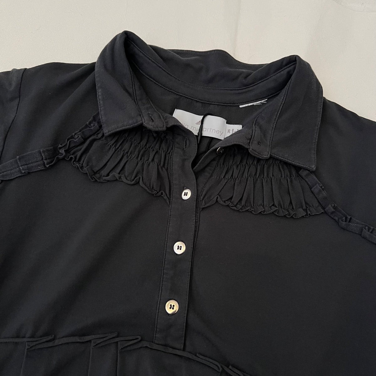 Anthracite Black Grey Pleated Ruched Puff Sleeve Polo Shirt