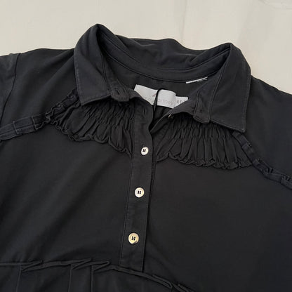 Anthracite Black Grey Pleated Ruched Puff Sleeve Polo Shirt