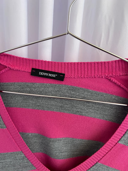 Denny Rose Fuschia Pink Grey Striped V Neck Fitted Knit Sweater