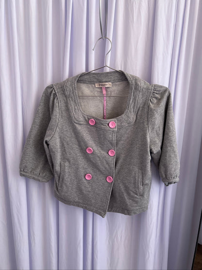 Phard Grey Preppy Baby Pink Button Half Balloon Sleeve Crop Jersey Cardigan Top