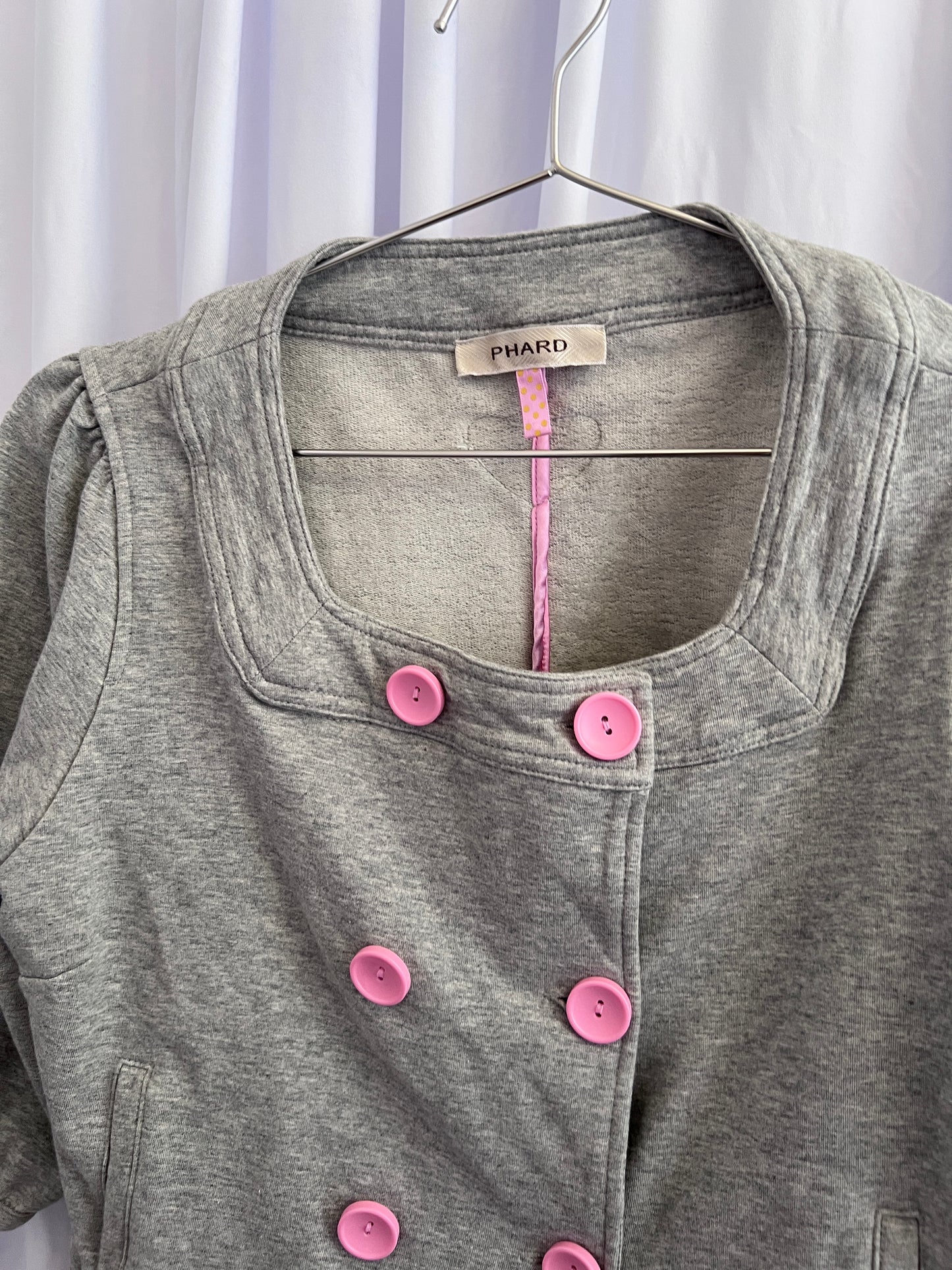 Phard Grey Preppy Baby Pink Button Half Balloon Sleeve Crop Jersey Cardigan Top