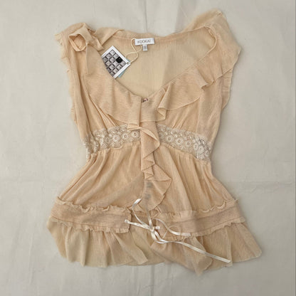 Kookai Apricot Orange Ruffle Sheer Lace Blouson